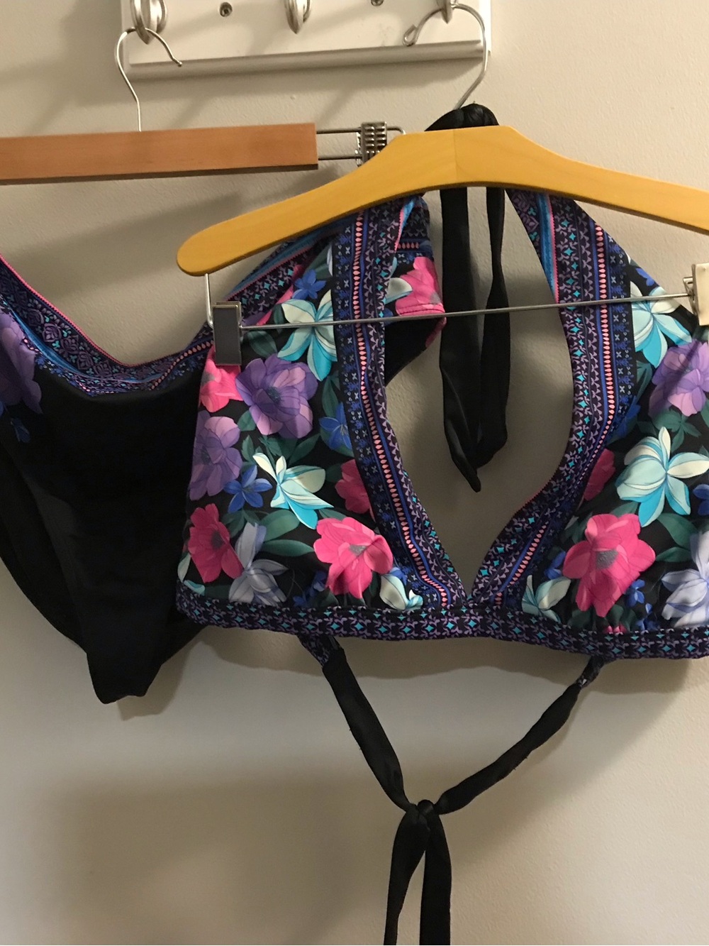 Floral Halter Bikini Top and Bottom Set - Black with Pink & Purple Flowers